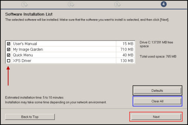 Software installation list screen with sample software selected and Next button at bottom right of screen